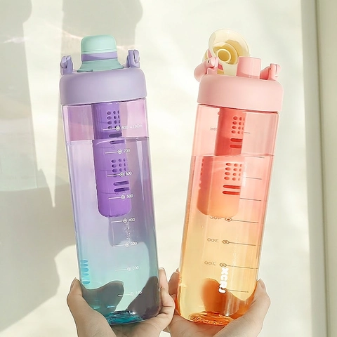 Gradient Kunststoff Wasserflasche Mit Teesieb Auslaufsicher Zeitmarkierung Sport Outdoor Student PC PP Silikon