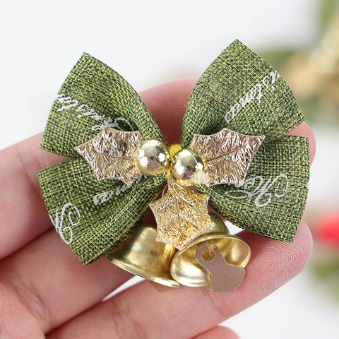 Christmas Mini Bows With Metal Bells And Holly Leaves Fabric Ribbon Ornaments For Xmas Tree Wreath Gift Wrapping Decor