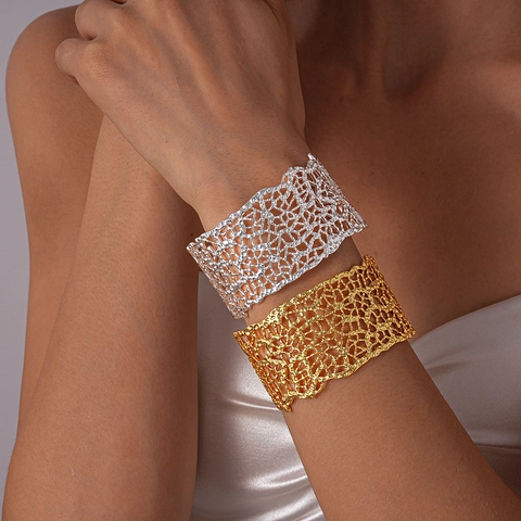 Ausgehöhltes Mesh Breites Manschettenarmband Kupfer Geometrisch Statement Verstellbar Offener Armreif Modeschmuck Damen