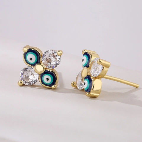 Pendientes De Botón Mal De Ojo Cobre Bañado En Oro Geométrico Zircón Esmalte Joyería Para Mujeres Moda