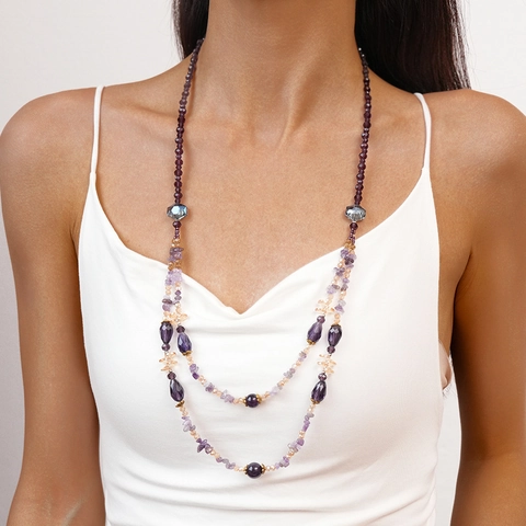 Handmade Amethyst Glass Beaded Long Necklace Multi-Layer Crystal Chips Retro Bohemian Style Jewelry For Women
