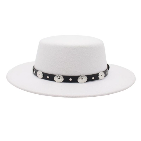 Vintage Boater Hut Mit Flacher Krone Wollfilz Breiter Krempe Jazz Fedora Mit Lederband Metallmünzen Dekor