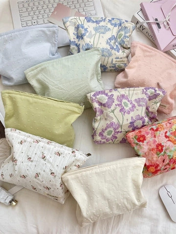 Floral Makeup Bag Portable Cosmetic Toiletry Organizer Polyester Canvas Zipper Pouch Aesthetic Plaid Swiss Dot For Women