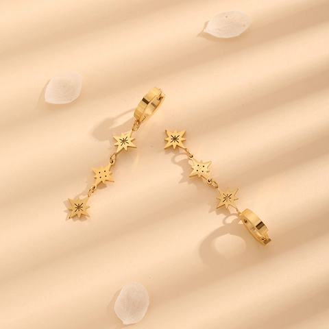 Eight Pointed Star Stainless Steel Long Drop Earrings For Women Elegant Gold Plated Star Dangle Earrings Fashion Jewelry Gift