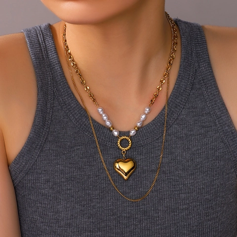 Collar De Doble Capa Con Colgante De Corazón De Acero Inoxidable Chapado En Oro De 18K Perla Artificial De Imitación Estilo INS Para Mujeres
