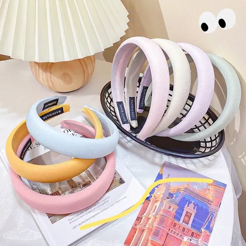 Ribbed Fabric Sponge Padded Headband Thickened Wide Brim Hair Hoop Solid Candy Color Handmade Women Hair Accessory