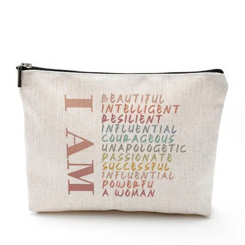 Inspirational Letter Print Makeup Bag Waterproof Cotton Linen Zipper Storage Pouch Portable Cosmetic Organizer Travel Case