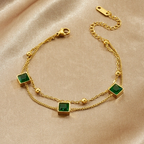 Double Layered Gold Plated Stainless Steel Bracelet Green Square Glass Stone Adjustable Chain Fashion Jewelry For Women