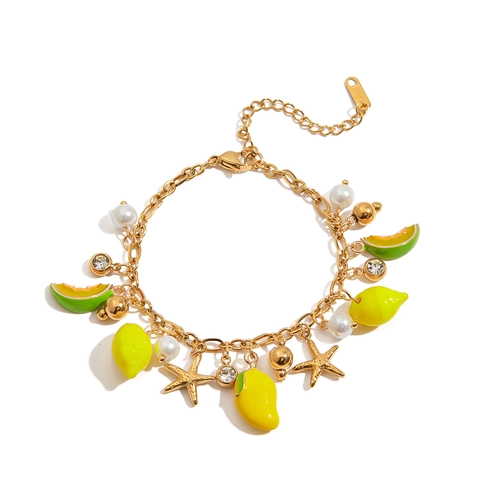 Pulsera Con Dijes De Frutas Acero Inoxidable Chapado En Oro 18K Esmalte Limón Perla Artificial Estrella De Mar Joyas Mujeres