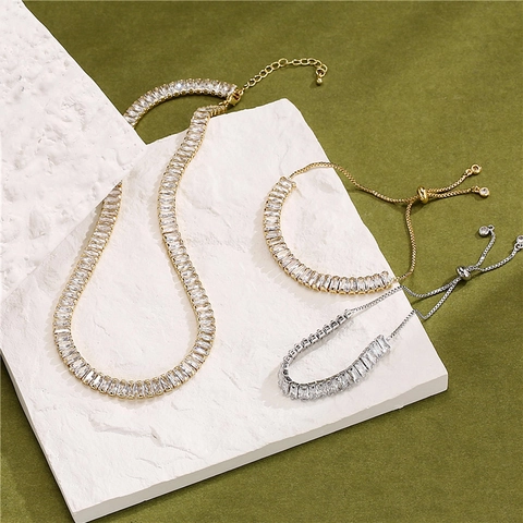 Luxury Tennis Necklace And Bracelet Micro Paved Square Zircon Copper Plated Sparkling Jewelry Women Wedding Party
