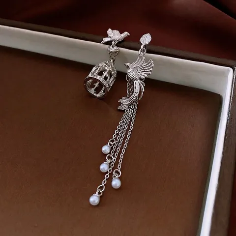 Pendientes Asimétricos Pájaro Jaula De Pájaros Borla Aleación Imitación Perla Artificial Con Poste De Plata Vintage Retro Elegante Para Mujeres