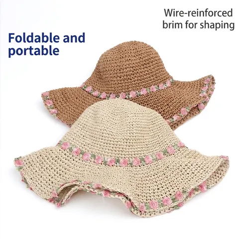 Cappello Di Paglia Donna Secchiello Carta Intrecciata Tesa Larga Ricamo Floreale Pieghevole Estate Spiaggia Protezione Solare Stile Pastorale