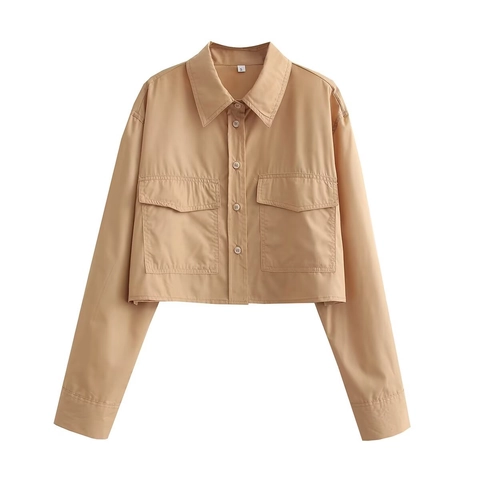 Women Crop Shirt Long Sleeve Polyester Solid Color Single Breasted Pockets Casual Fashion Blouse