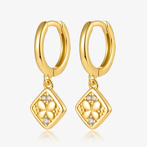 925 Sterling Silver Hoop Earrings Rhombus Zirconia Pendant Clover Flower Pattern Elegant Gold Color Jewelry For Women