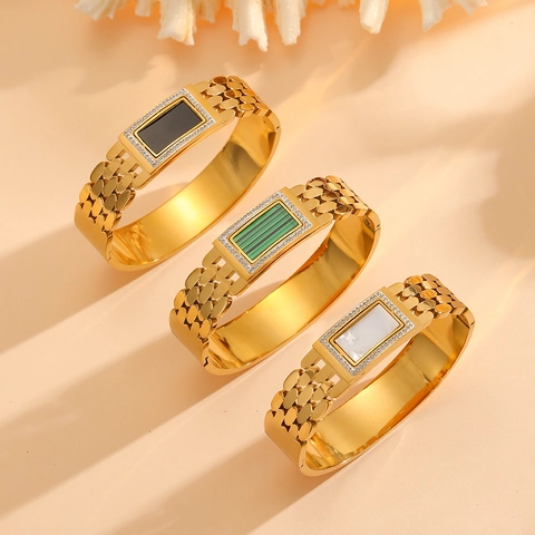 Bracciale Rigido In Acciaio Inossidabile Placcato Oro 18K Quadrato Malachite Madreperla Intarsio Strass Retrò Donna
