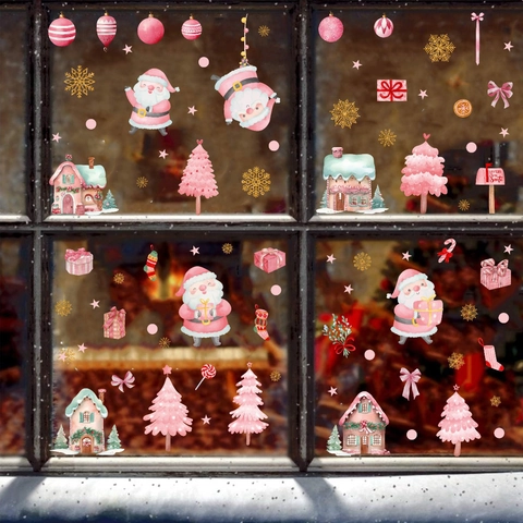 Christmas Pink Watercolor Window Stickers PVC Static Cling Wall Decals Santa Claus Tree Snow Cabin Decor For Nursery