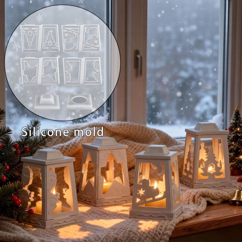 Christmas Lantern Silicone Mold DIY Hollow Splicing Candle Holder Reusable Craft Casting For Santa Reindeer Tree Decor