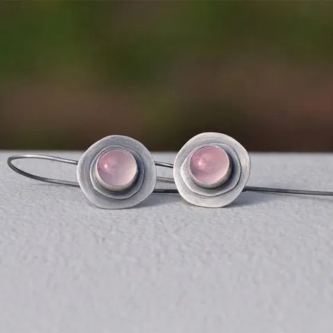 Vintage Pink Moonstone Round Dangle Earrings For Women Elegant Geometric 925 Sterling Silver Hook Earrings Retro Jewelry