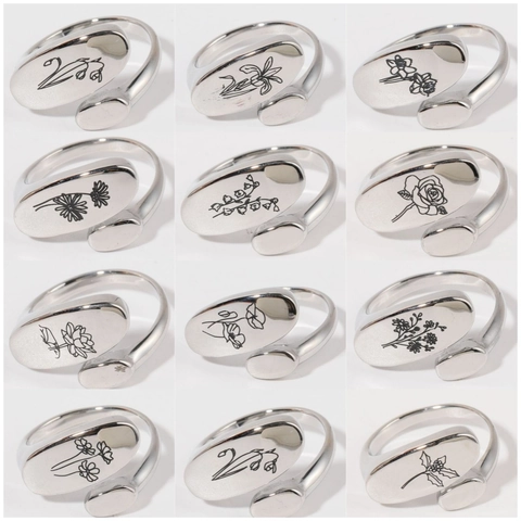 Birth Flower Signet Ring Copper 18K Gold Plated Adjustable Floral Pattern Retro Vintage Finger Jewelry Women