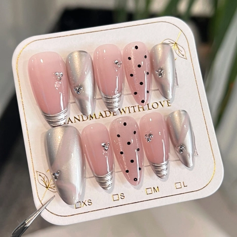 French Almond Press On Nails Pink Cat Eye Silver Mirror Metallic Rhinestone Polka Dot Elegant Handmade Manicure