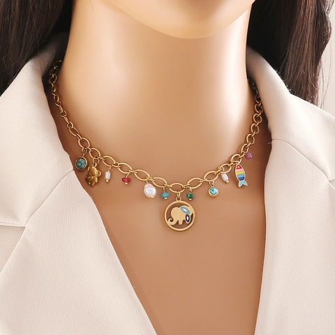 Collar De Dijes De Acero Inoxidable Chapado En Oro Esmalte Colorido Elefante Corazón Colgantes Animales Para Mujeres