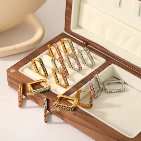 Orecchini A Cerchio Rettangolari Acciaio Inossidabile Placcato Oro 18K Zirconia Colorata Pavé Gioielli Di Moda Minimalisti Per Donna