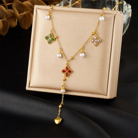 Stainless Steel Y-Shaped Necklace With Colorful Clover Pendants And Imitation Artificial Pearls Chic Fashion Jewelry For Women