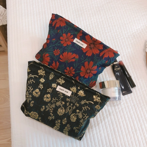 Borsa Da Trucco In Jacquard E Tela Vintage A Fiori Grande Capacità Organizer Cosmetico Da Viaggio Con Cerniera Per Donna