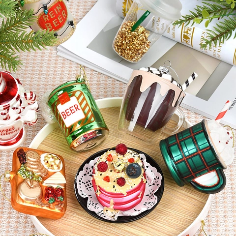 Ornamenti Appesi Albero Di Natale Vetro Dipinto Cibo Bevande Forma Birra Torta Cacao Glitter Decorazione Festa