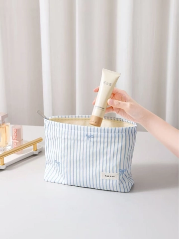 Borsa Da Trucco Tela Righe Ricamo Fiocco Organizzatore Cosmetici Portatile Astuccio Da Viaggio Donna