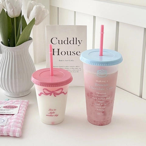 Plastic Straw Cup With Lid Reusable Frosted Tumbler For Cold Drink Coffee Juice Water Portable Travel