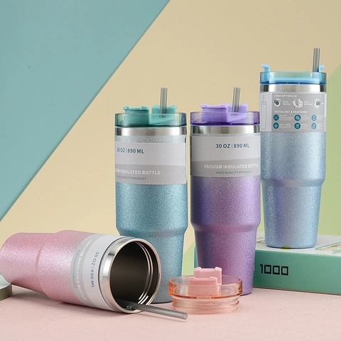 Shimmer Glitter Vacuum Insulated Tumbler Stainless Steel Travel Coffee Mug With Straw And Three Way Lid Portable Car Cup