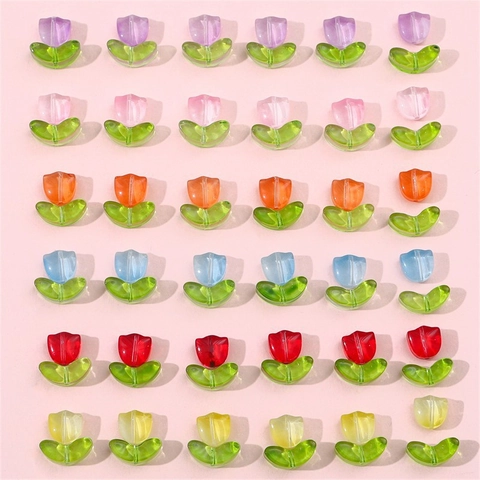 Tulip Flower Beads Gradient Glass Petal Charms With Green Leaf DIY Handmade Jewelry Making For Bracelet Earring Hairpin