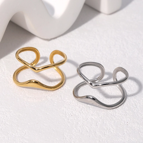 Double Layer Wave Line Adjustable Ring Stainless Steel 18K Gold Plated Minimalist Geometric Finger Jewelry For Women