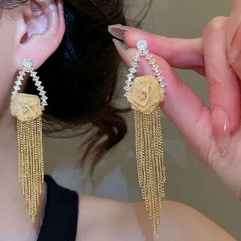 Zircon Rose Blume Lange Quaste Tropfen Ohrringe Für Damen Elegant Gold Kupfer Mit Silver Earring Post Geometrisch