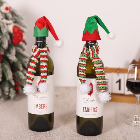 Christmas Wine Bottle Decoration Mini Elf Hat And Striped Scarf Knit Velvet Holiday Festive Party Table Decor