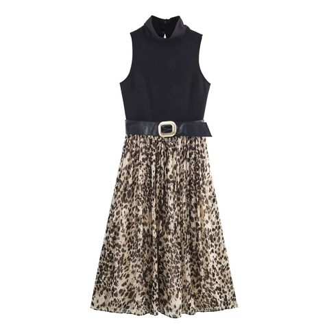 Abito Lungo Patchwork Senza Maniche Con Gonna In Chiffon Plissettata Stampa Leopardata E Cintura Elegante Collo Lupetto Per Donna