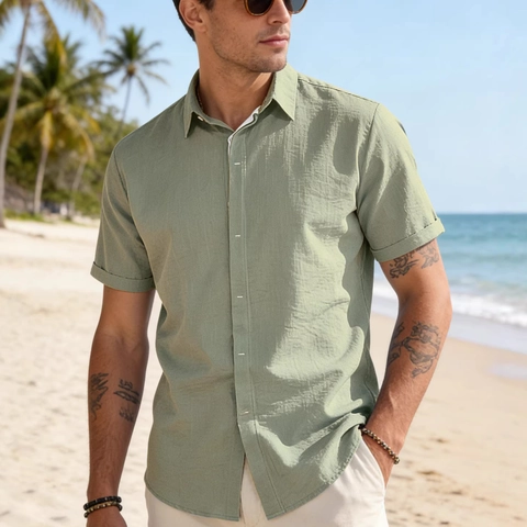 Men's Short Sleeve Shirt Viscose Linen Blend Solid Color Casual Button Down Summer Beach Breathable Slub Texture Top