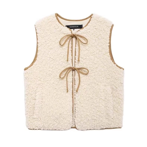 Women Lamb Wool Vest Fleece Waistcoat Contrast Trim Front Tie Sleeveless Warm Winter Outerwear