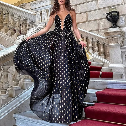 Women Deep V Neck One Piece Swimsuit And Matching Long Skirt Black Gold Polka Dot Print Chiffon Tiered Cover Up Beachwear