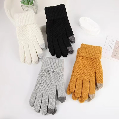 Winter Knitted Gloves Fleece Lined Warm Touch Screen Thickened Outdoor Cycling Cold Protection Korean Style For Women And Men