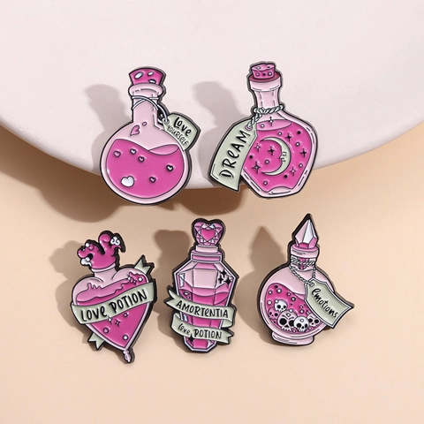 Lindo Pin de Esmalte de Botella de Poción Mágica de Aleación Rosa Púrpura Poción de Amor Corazón Luna Broche Insignia para Accesorio de Mochila