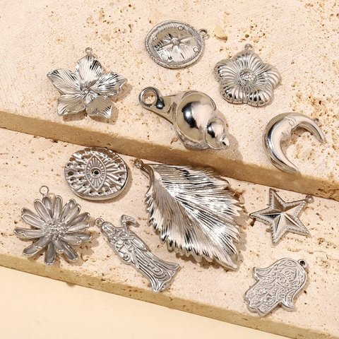 DIY Charms Pendants Stainless Steel Moon Star Leaf Shell Hamsa Hand Evil Eye Vintage Jewelry Making Accessories