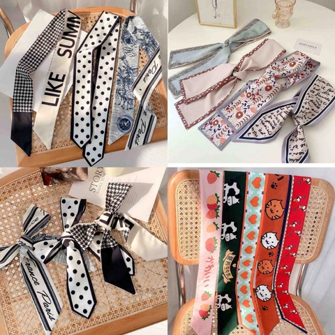 French Style Satin Hair Scarf Ribbon For Women Elegant Floral Polka Dot Headband Long Streamer Hair Tie