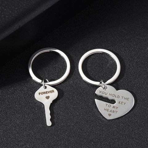 Stainless Steel Heart Key Keychain Forever Engraved Couple Keyring Valentine Day Gift Love Romance Accessory Jewelry