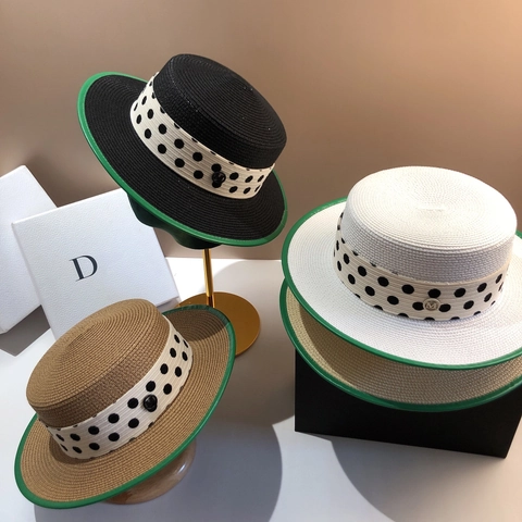 Damen Stilvoller Strohhut Boater Französische Eleganz Flache Krone Fedora Mit Punktmuster Band Und Kontrastgrüner Kante Sommer Strand Sonnenhut