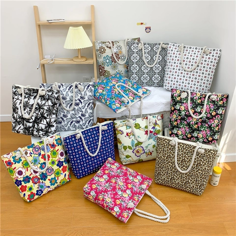 Canvas Tote Bag Large Capacity With Thick Braided Ropes Floral Printed Ethnic Leisure Beach Handbag For Women Zipper Closure