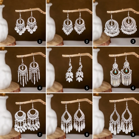 Bohemian Ethnic Tassel Drop Earrings Vintage Silver Color Alloy Hollow Filigree Dangle Earrings For Women