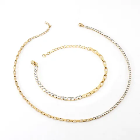 Set Gioielli Collana Bracciale Catena Tennis Impiombata Per Donna Acciaio Inossidabile Placcato Oro 18K Strass Zircone Moda