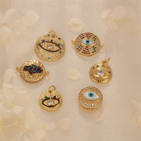 Evil Eye Pendants For Jewelry Making Copper Gold Plated With Zircon Shell Round Plate Charms For Necklace Bracelet DIY